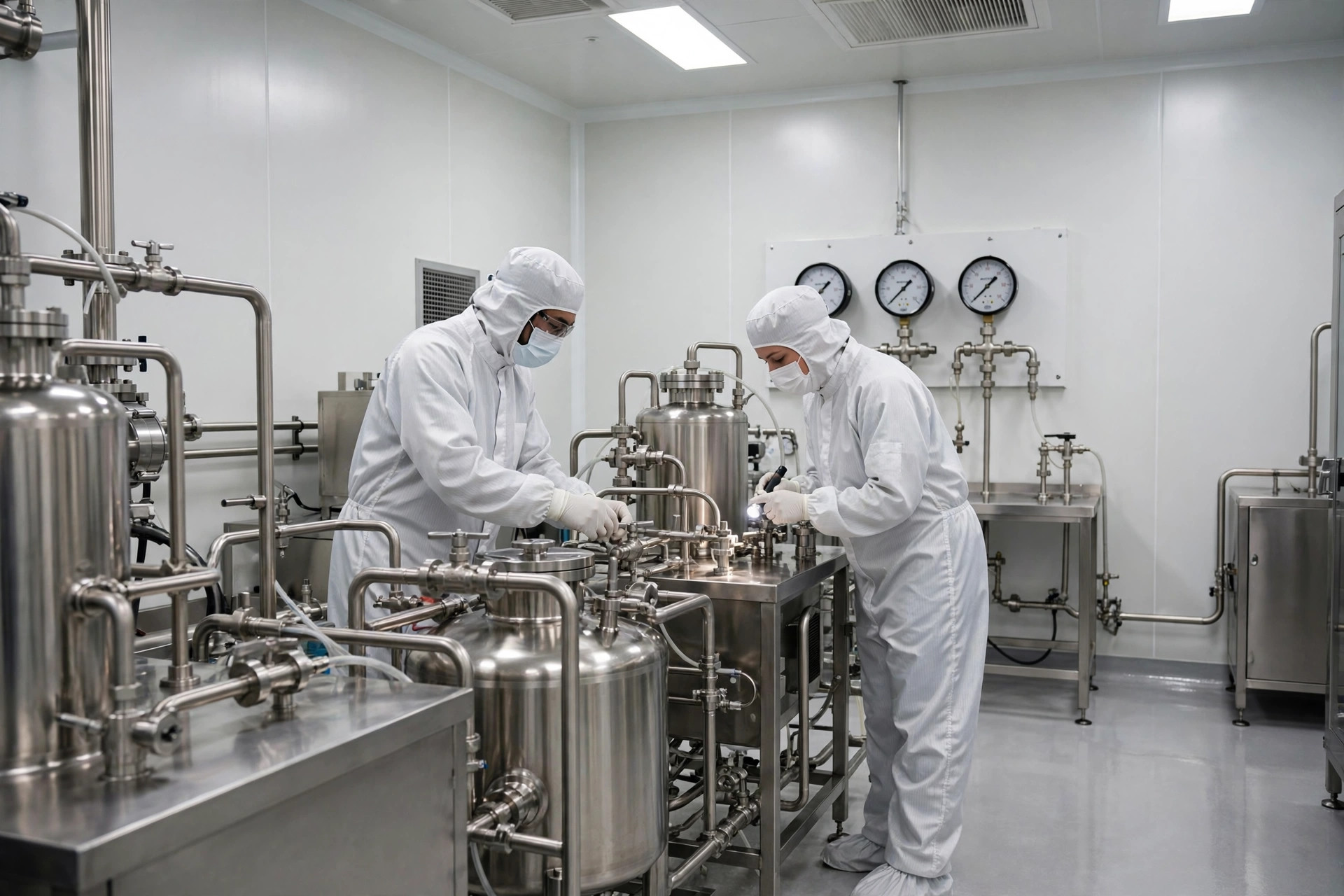 Technicians in cleanroom gowns working near stainless steel equipment inside a pharmaceutical cleanroom