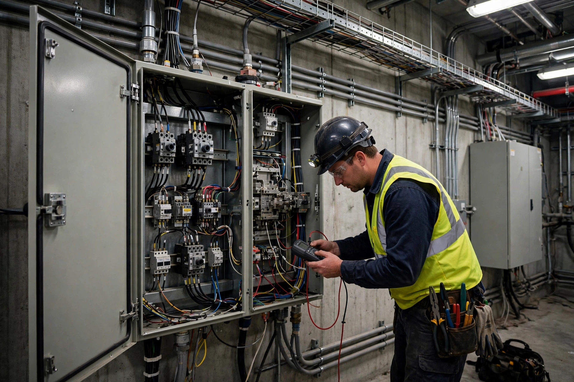 Automatic transfer switch cabinet in a pharmaceutical plant electrical room, technician inspecting connections