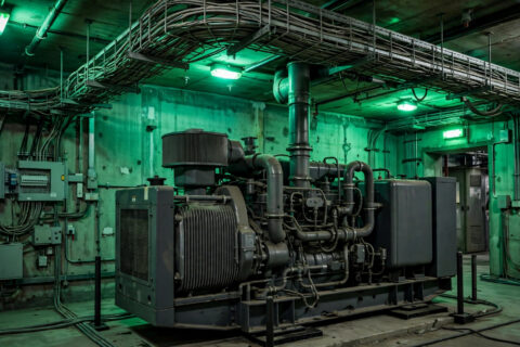 Diesel generator set installed in a metro station electrical room with emergency lighting, industrial documentary style