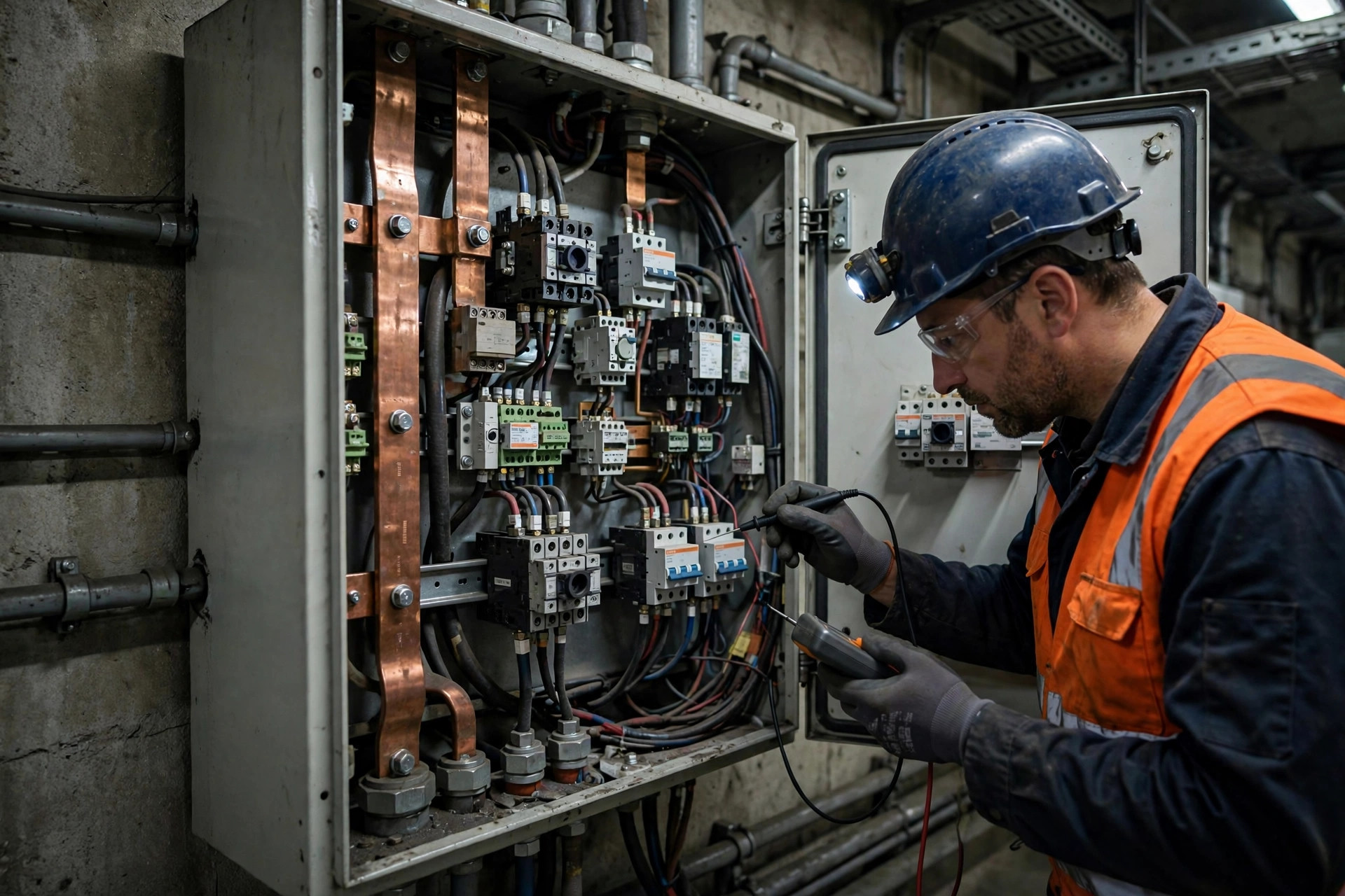 Automatic transfer switch cabinet in an underground metro station electrical room, technician inspecting connections