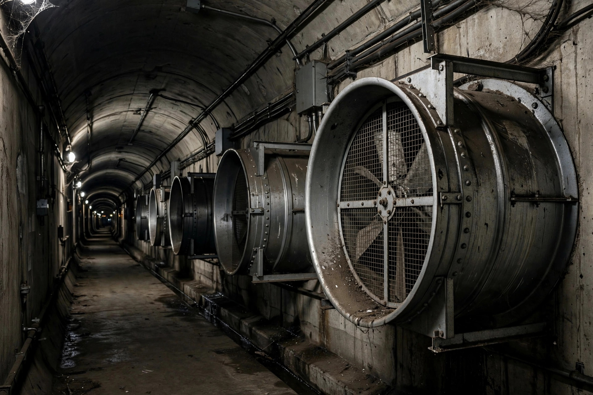 Large tunnel ventilation fans inside a subway tunnel, industrial documentary photograph