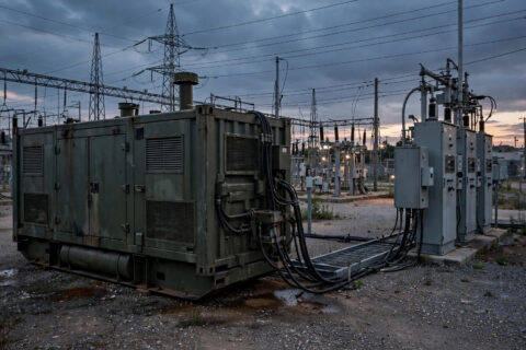 Containerized diesel generator set in a utility substation yard with switchgear and power lines at dusk.