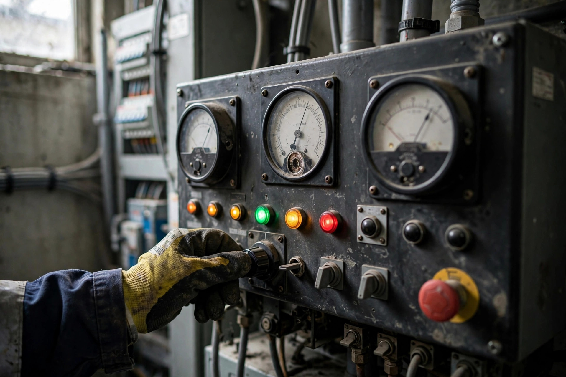 Generator paralleling control panel with synchronization meters, technician adjusting controls in an electrical room