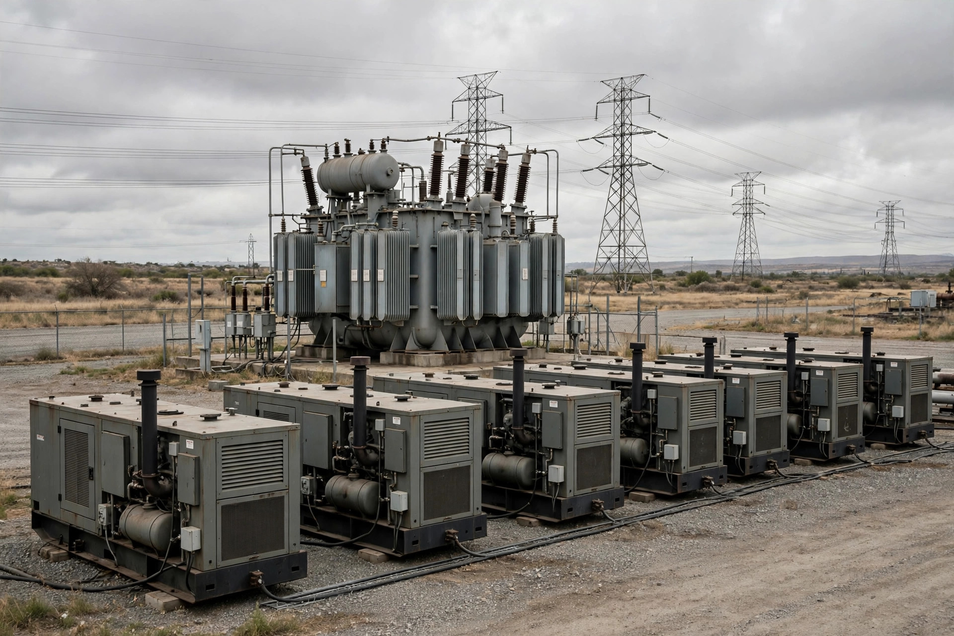 Outdoor diesel generator plant with multiple generator sets in front of transformers and transmission towers