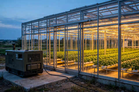 Containerized diesel generator set beside a glass greenhouse glowing at dusk
