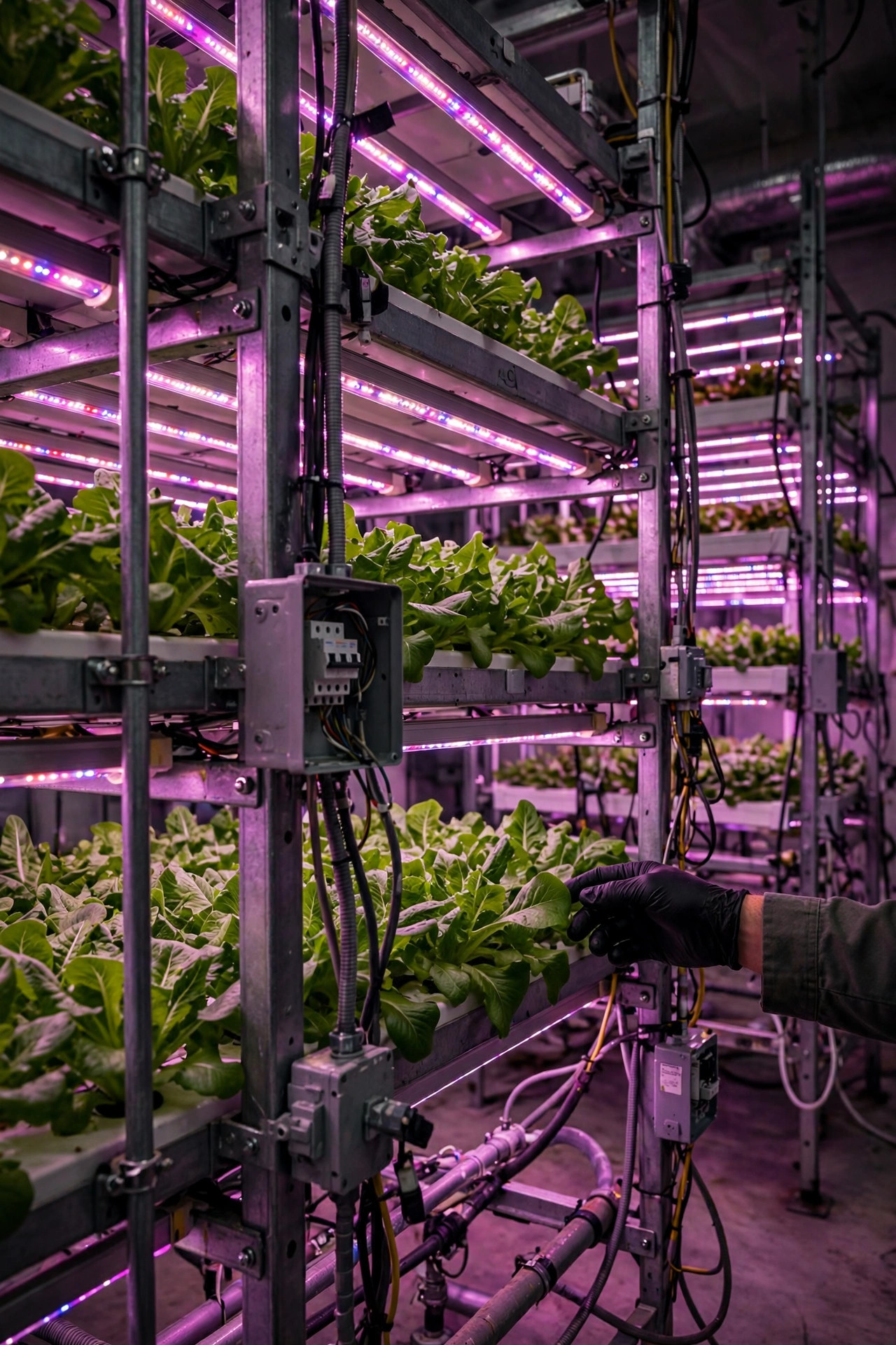LED grow light bars over vertical farm racks with electrical panels and cabling