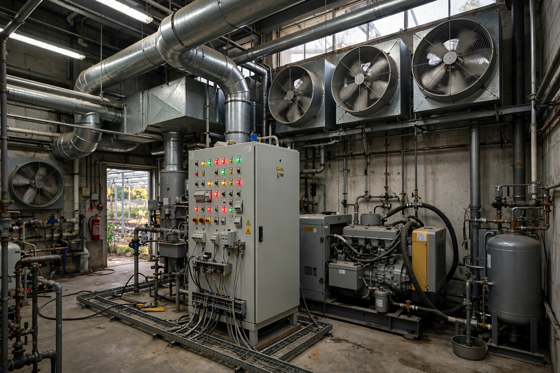 Greenhouse climate control plant room with ventilation fans, control cabinet and generator day tank