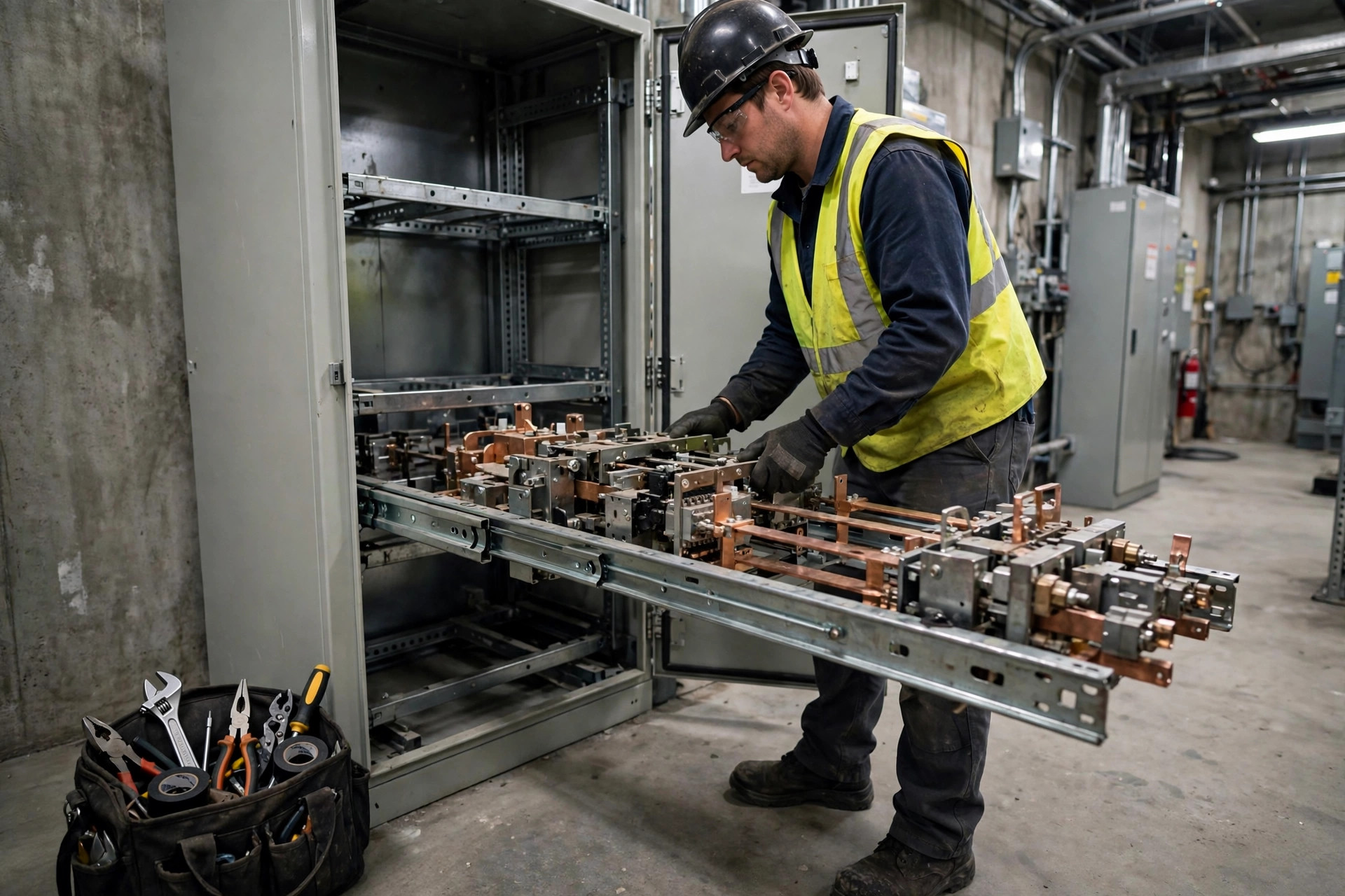 Technician racking out a drawout transfer switch tray from a bypass-isolation ATS cabinet