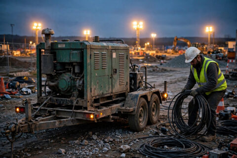 Portable diesel generator on a towable trailer at a construction site at dusk