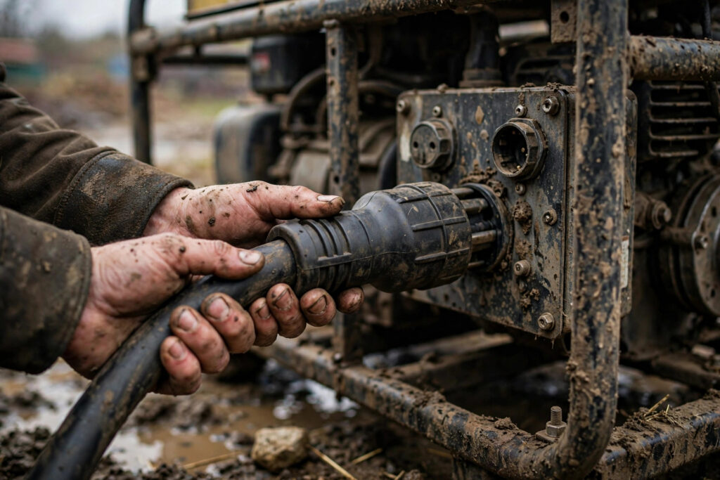 Technician connecting power cables to a portable diesel generator at a job site