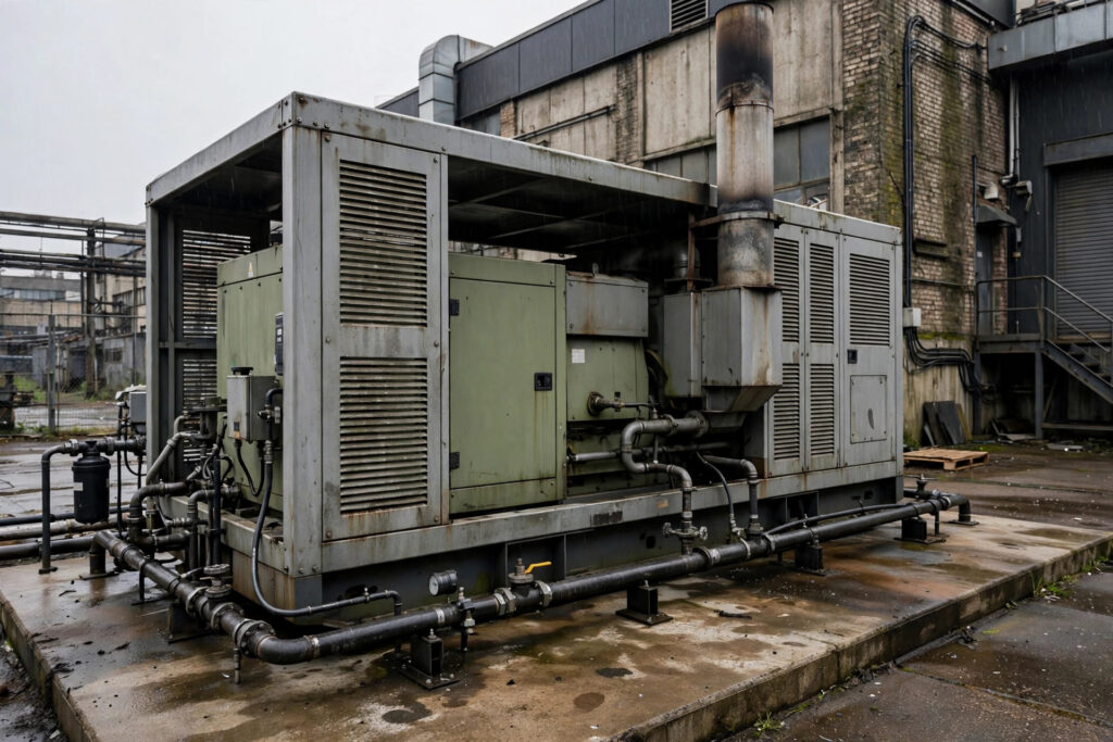 Stationary canopy diesel generator installed on a concrete pad behind a factory