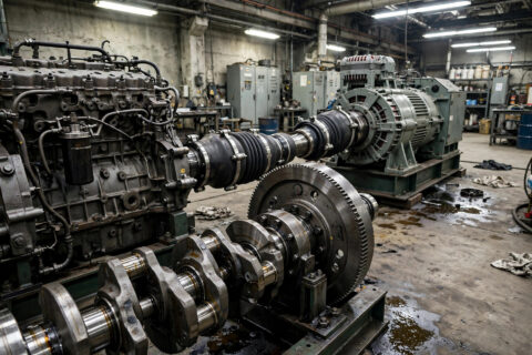Large industrial diesel generator set on a factory load-test bay with flywheel and coupling visible between engine and alternator