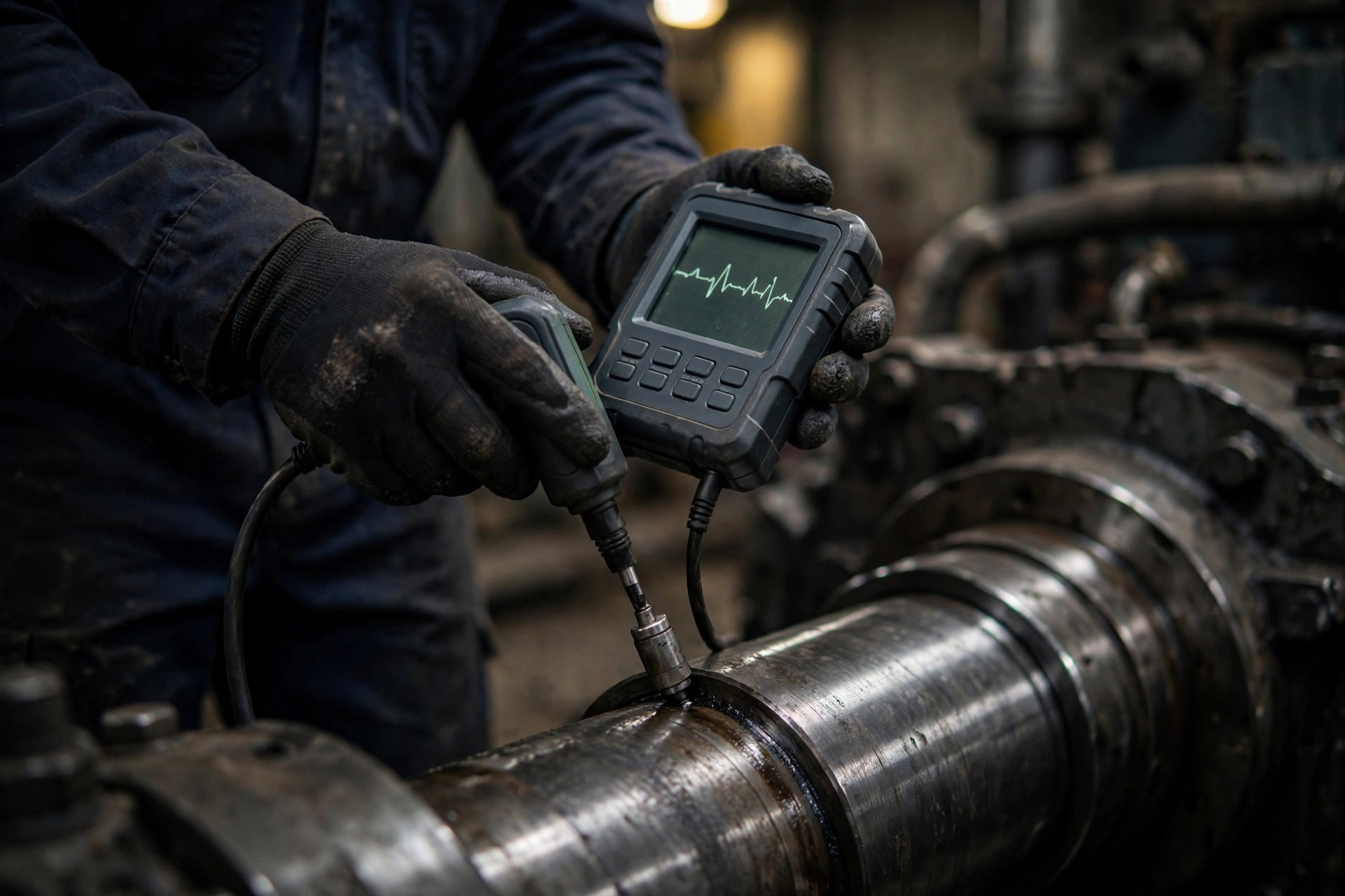 Field engineer pressing a vibration analyzer probe against the steel shaft of a diesel generator in a machine room
