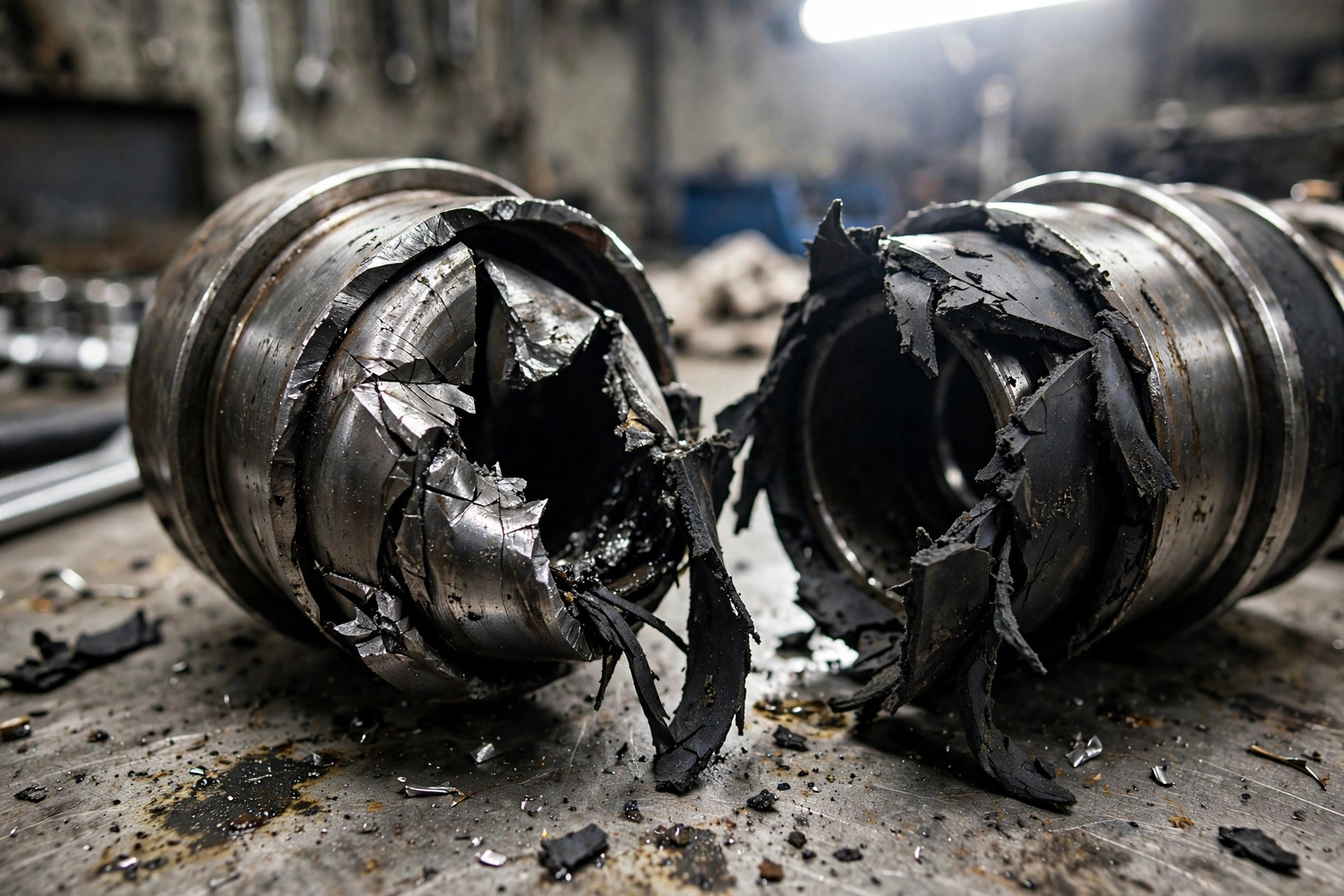 Failed flexible coupling with torn rubber elements and sheared steel hub on a workshop bench