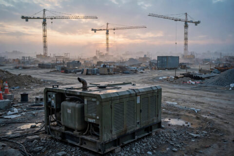 Tower cranes on a construction site powered by a diesel generator at dawn