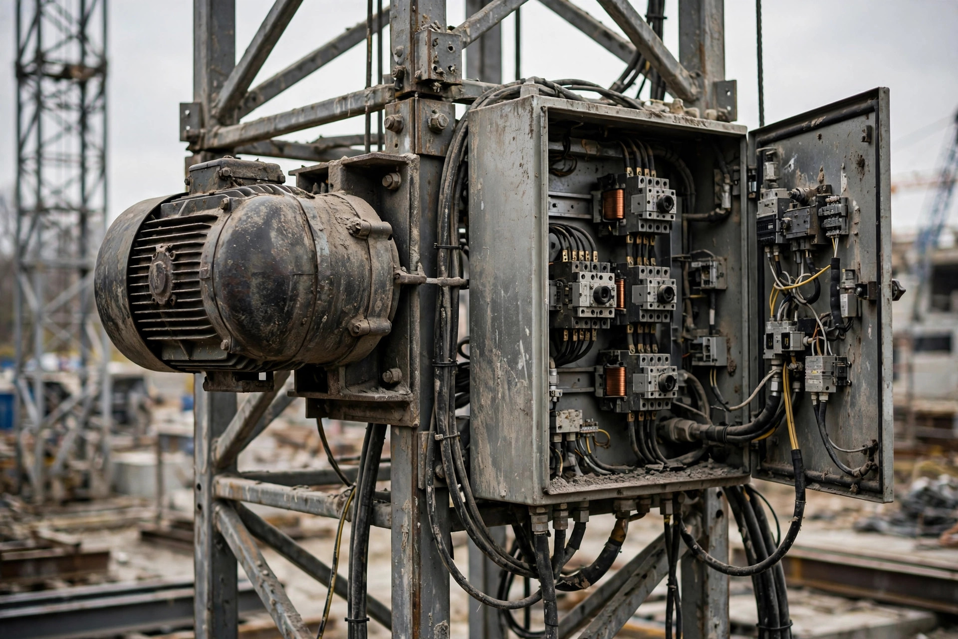 Tower crane hoist motor and electrical cabinet on a construction site