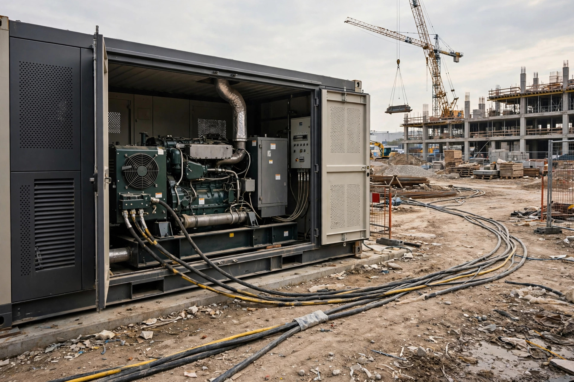 Diesel generator set in a weatherproof canopy on a construction site