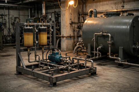 Diesel fuel polishing system with filtration skid and transfer pump beside a generator day tank
