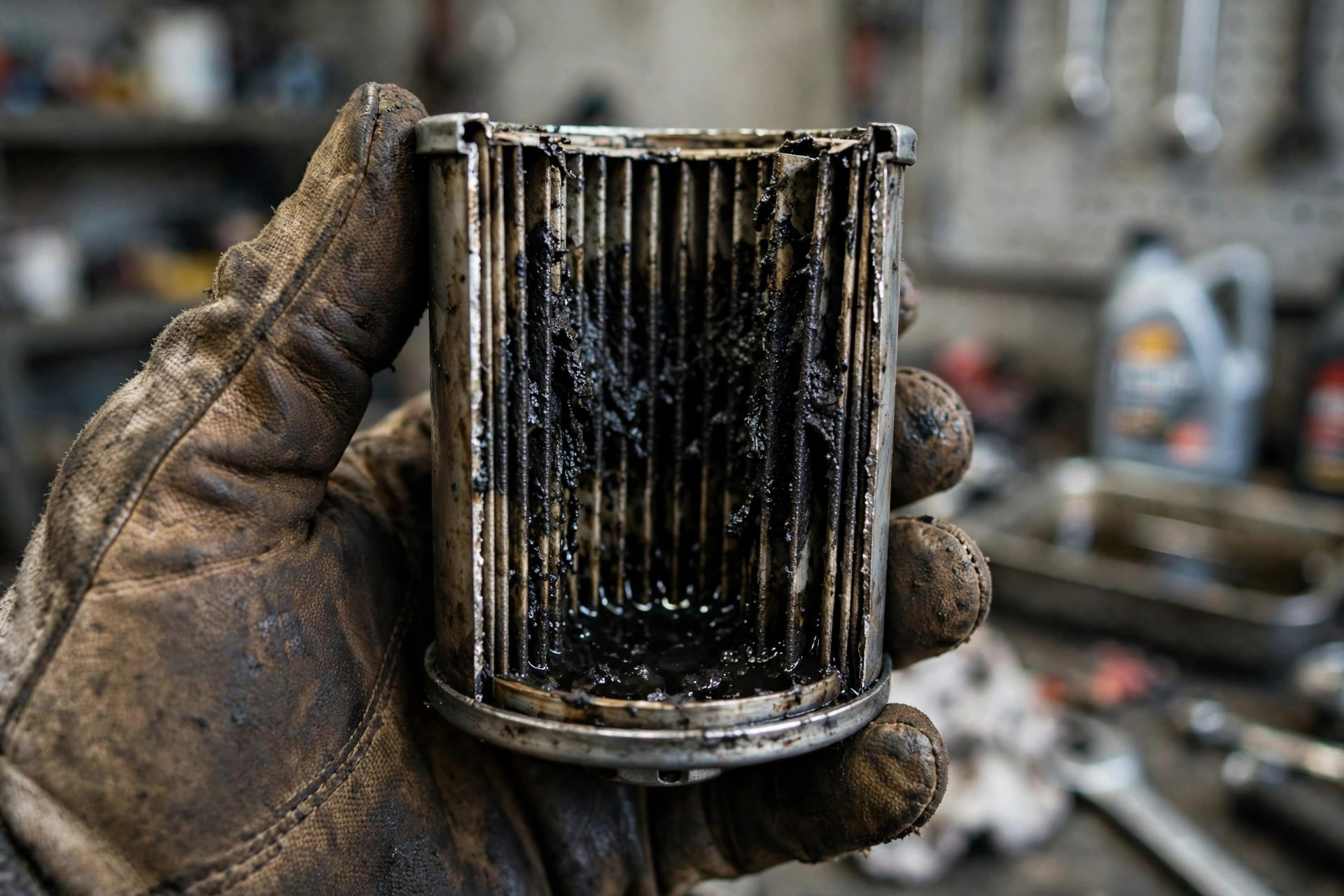 Cut-open diesel fuel filter cartridge showing black sludge contamination from a generator tank