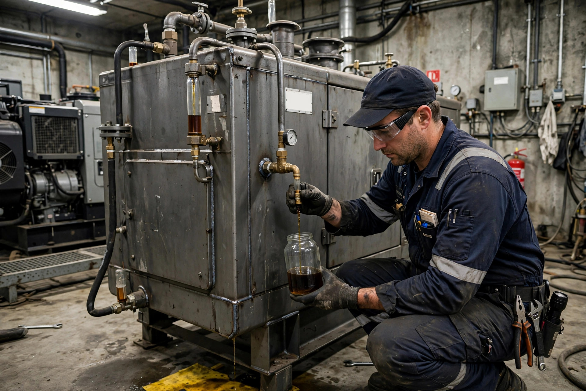 Technician drawing a diesel fuel sample from the bottom of a generator day tank