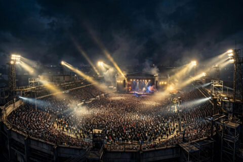 Night view of a large outdoor stadium with floodlights on during a concert crowd event