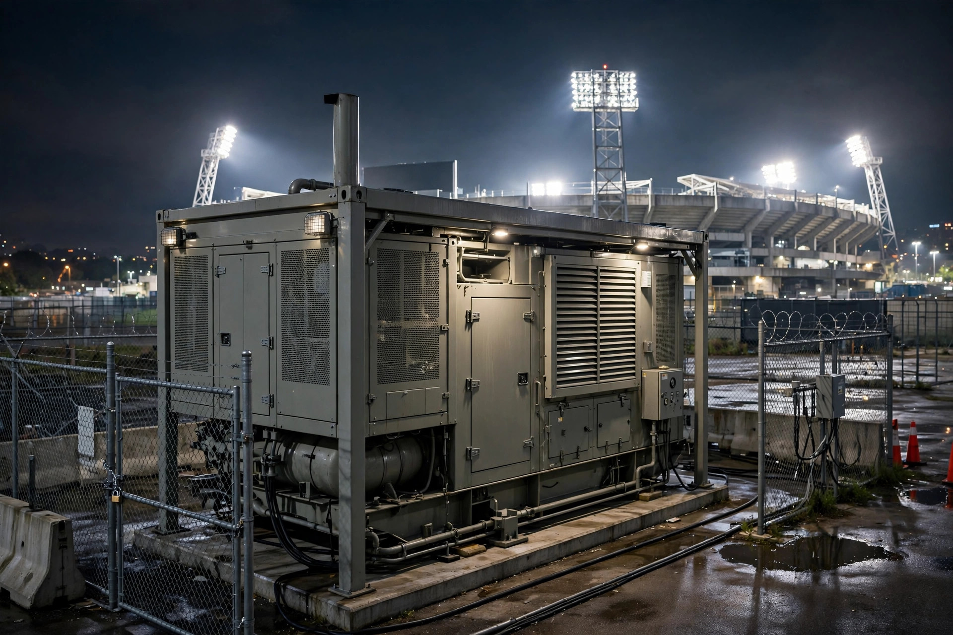 Containerized diesel generator set installed beside a stadium with security fencing at night