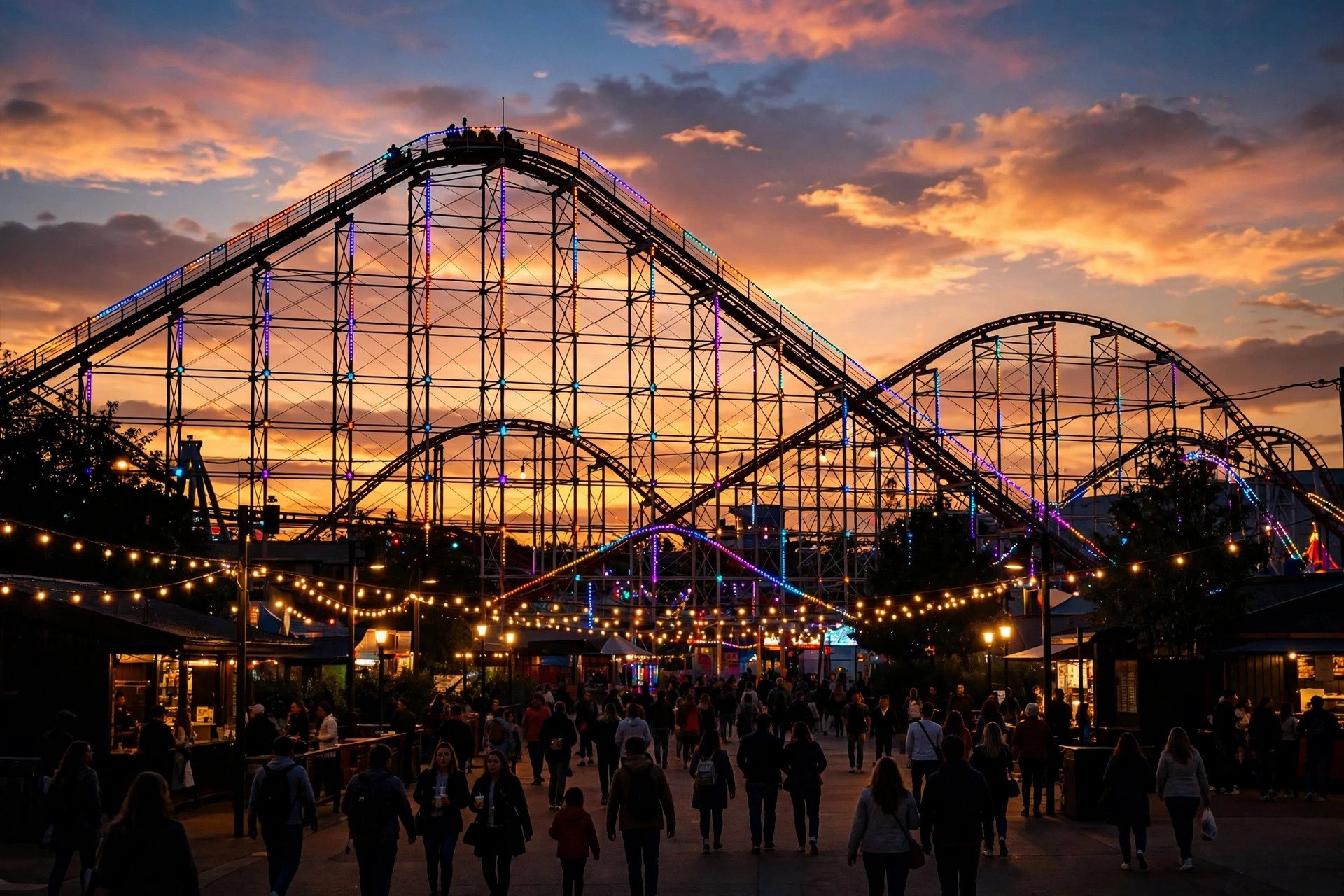 Amusement park roller coaster silhouettes lit up at dusk with evening crowds below