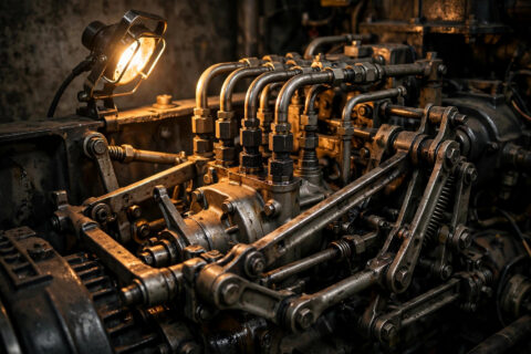Close-up of a diesel generator governor and fuel injection pump linkage in an engine room
