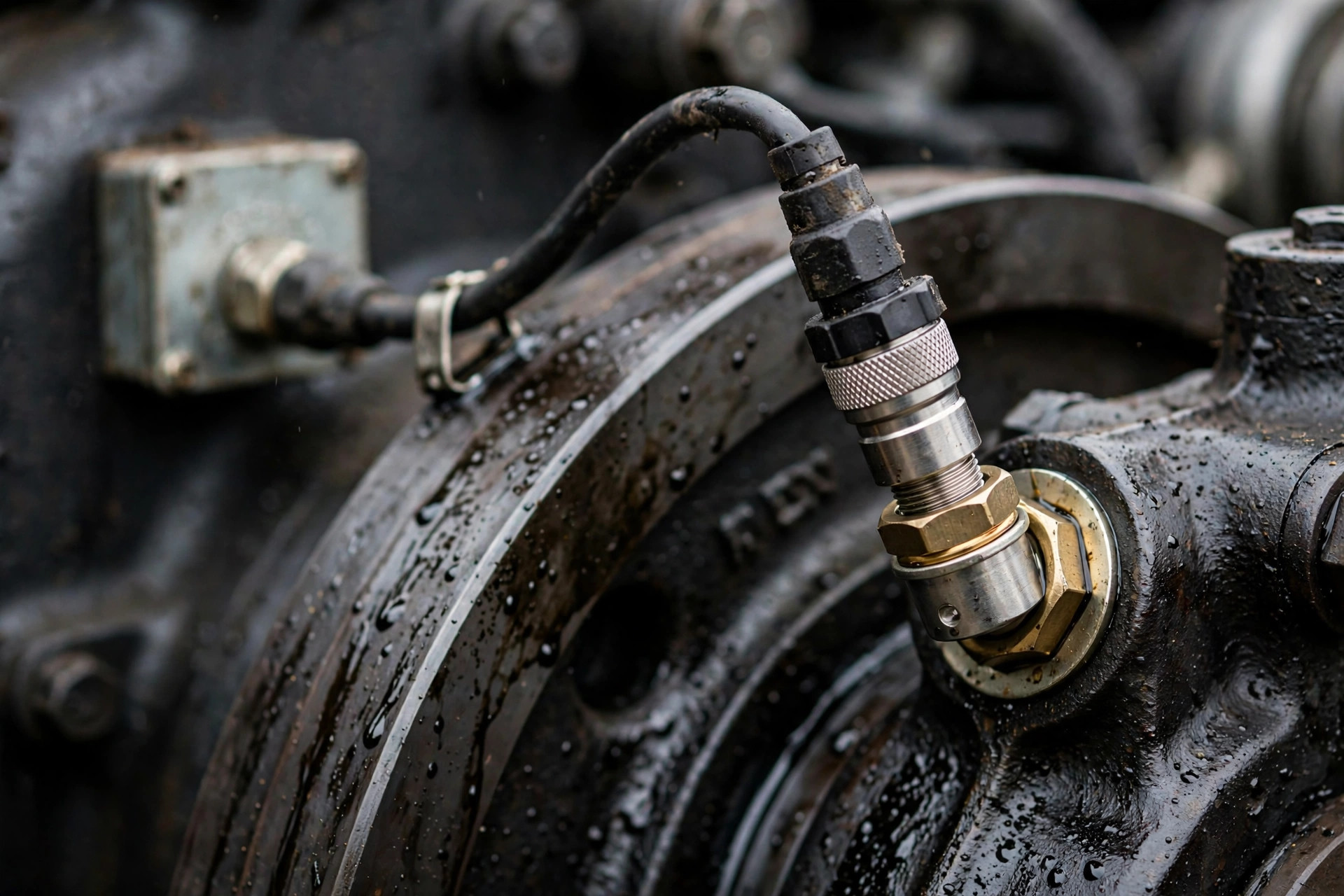 Magnetic speed pickup sensor mounted on a diesel generator flywheel housing