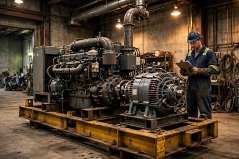 A diesel generator set in a factory test bay with a technician holding a warranty checklist clipboard