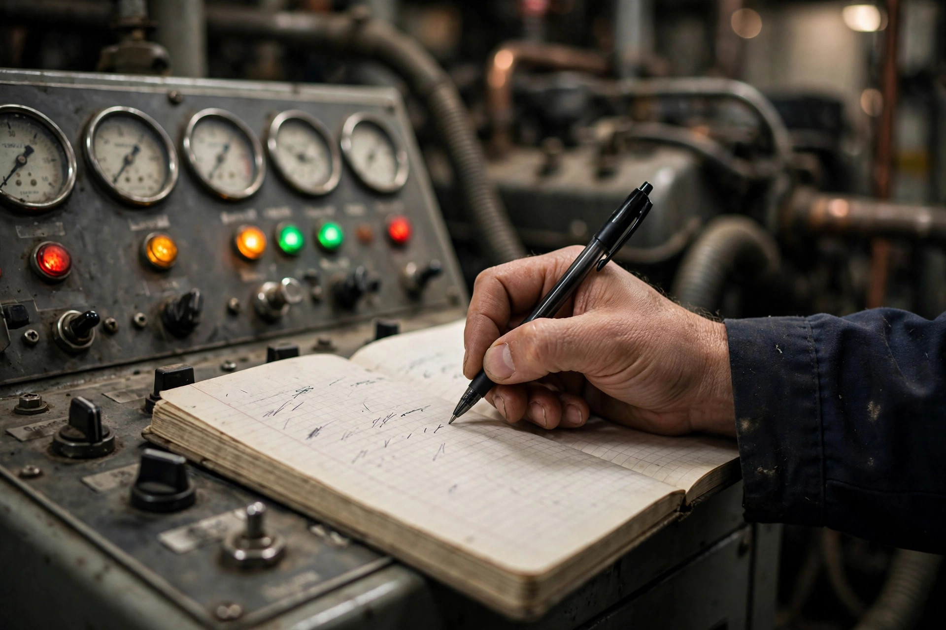 A service technician logging hour meter readings from a diesel generator control panel