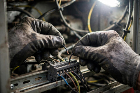 Electrician landing control wires on a diesel generator remote start terminal block inside a control panel