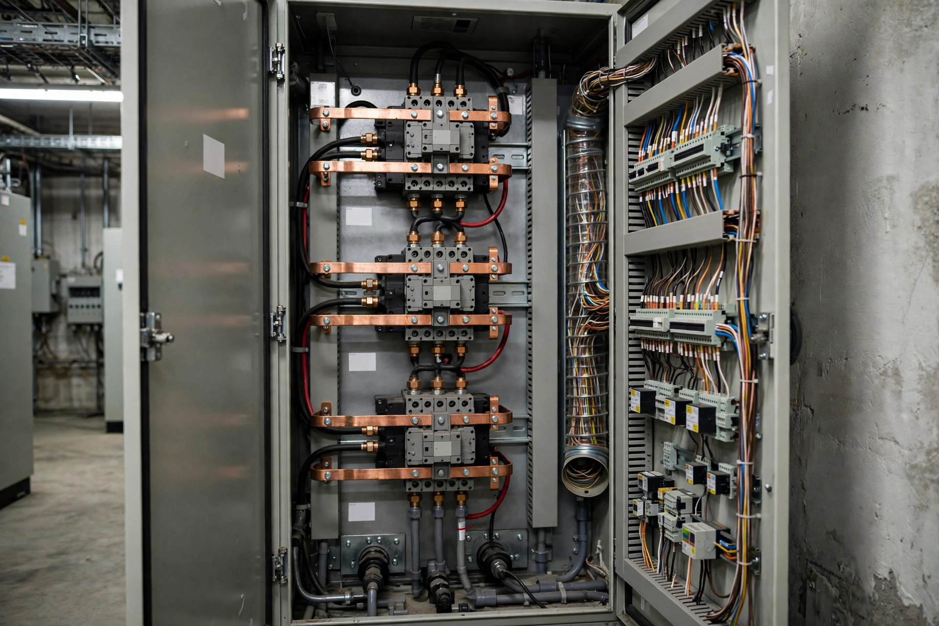 Automatic transfer switch cabinet with contactors and control wiring for generator remote start