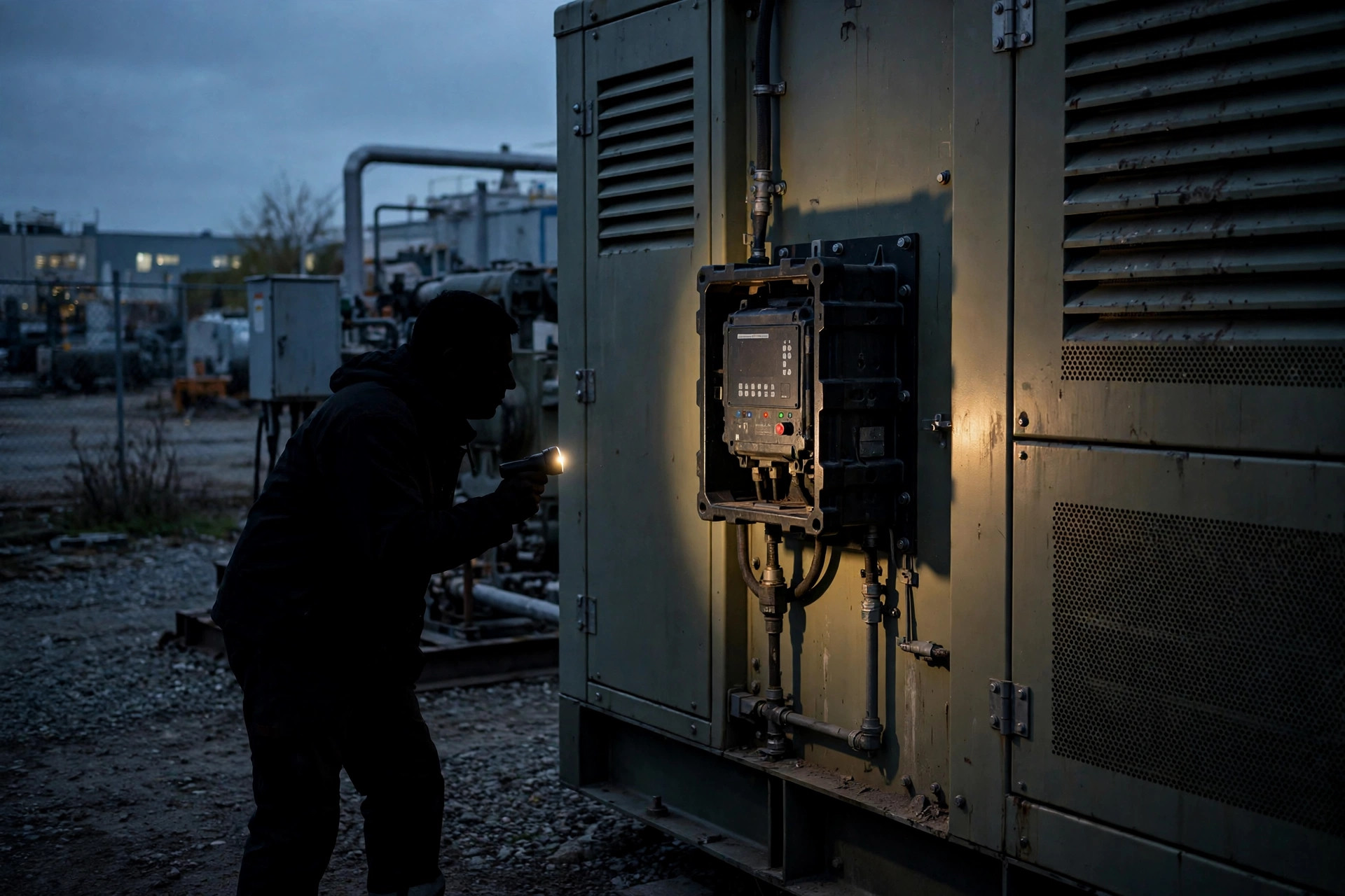 Technician checking a diesel generator controller and start circuit wiring at dusk