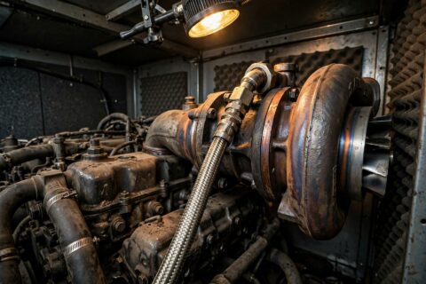 Turbocharger mounted on a diesel generator engine inside a soundproof canopy, close-up