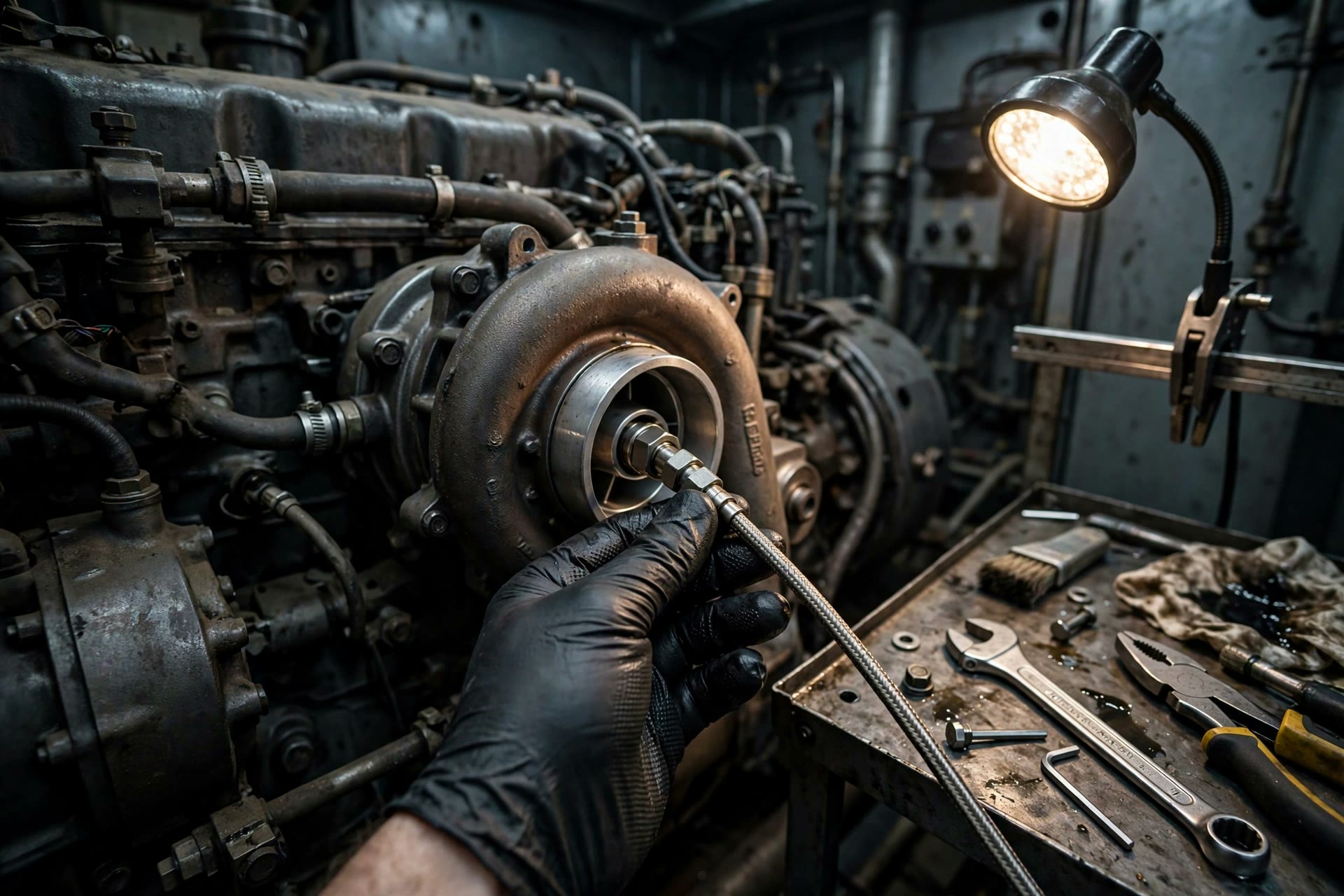 Technician inspecting the oil feed line to a diesel generator turbocharger