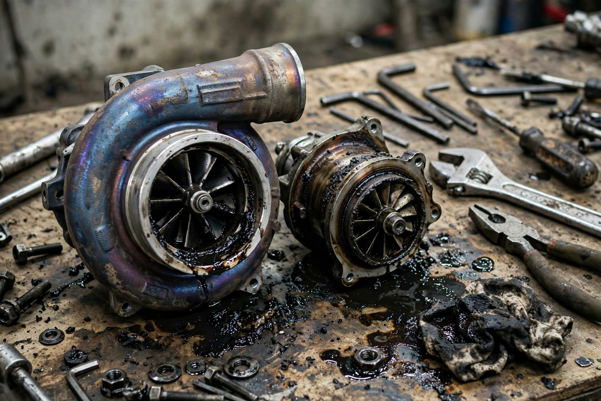Heat-discolored failed turbocharger with coked bearings on a workshop bench