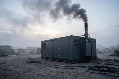 Diesel generator exhaust stack emitting black smoke at an industrial site at dawn
