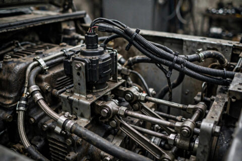 Close-up of a diesel generator's electronic governor actuator and throttle linkage inside the engine bay