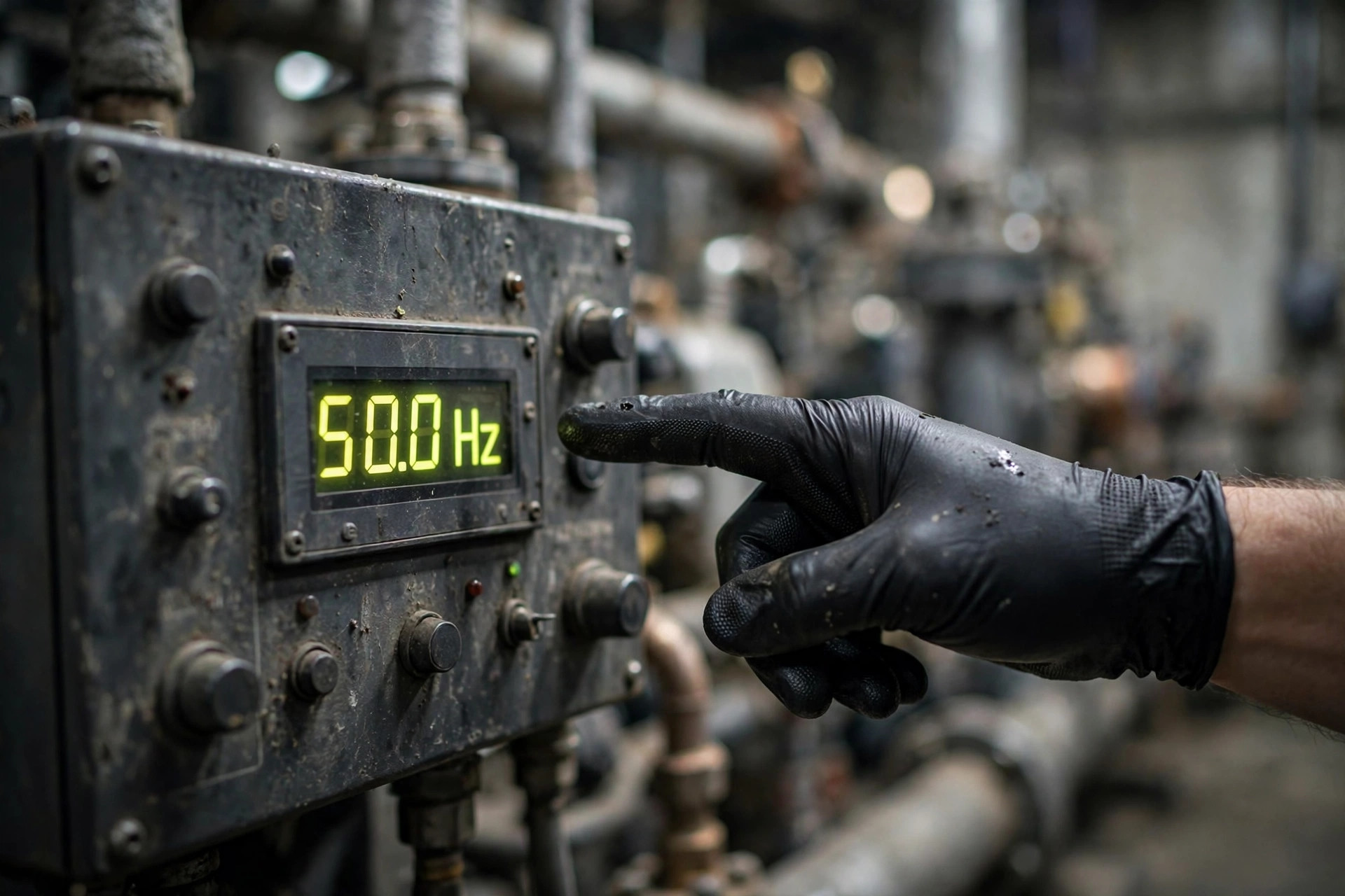A technician checking generator frequency on a digital control panel display